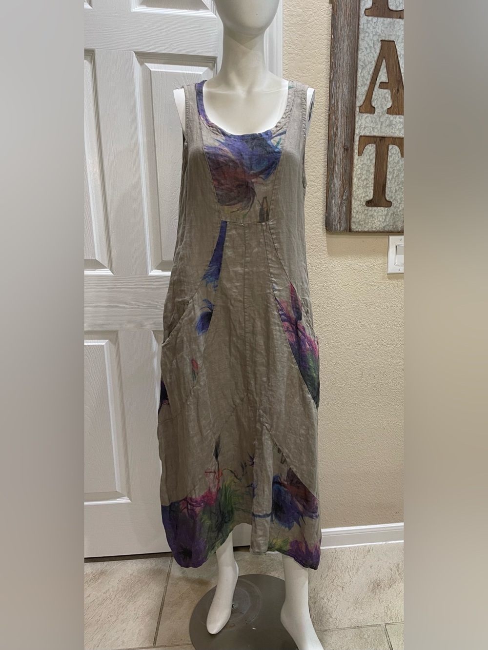 Colette Italy Linen Abstract Floral Lagenlook Maxi Dress One Size - NWT
